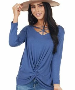 Cherish Dusty Blue 3/4 Sleeve Top With Caged Neckline Detail 23 Cherish Dusty Blue 3/4 Sleeve Top With Caged Neckline Detail