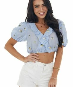 Emory Park Slate Pinstripe Floral Embroidered Cropped Top Tops