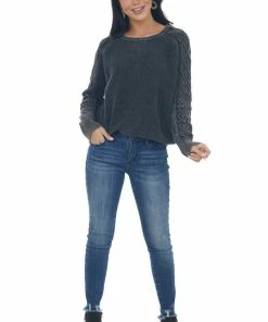 BiBi Tops Black Mineral Wash Raglan Sleeve Sweater