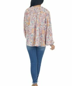 Entro Sunset Floral Print Bubble Sleeve Blouse