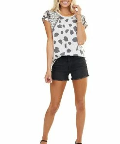 BiBi Tops Off White Multiprint Knit Top With Embroidery Details