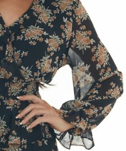 She + Sky Dresses Black And Taupe Floral Surplice Ruffle Dress 17 She + Sky Dresses Black And Taupe Floral Surplice Ruffle Dress