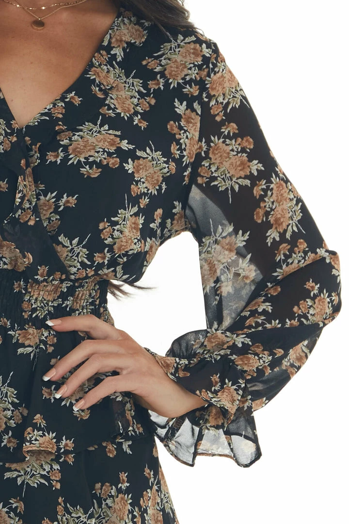 She + Sky Dresses Black And Taupe Floral Surplice Ruffle Dress 10 She + Sky Dresses Black And Taupe Floral Surplice Ruffle Dress