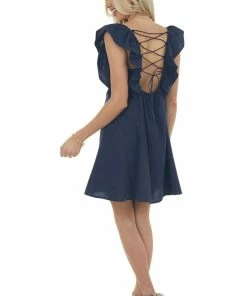 Umgee Navy Plunging V Neck Lace Up Back Short Dress