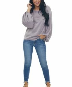 Peach Love Faded Lavender Bubble Sleeve Cowl Back Blouse