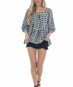 Entro Black And Off White Gingham Print Woven Top