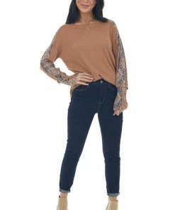 BiBi Camel And Floral Waffle Knit Long Sleeve Top Tops
