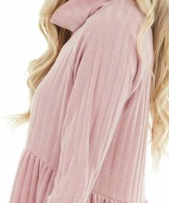 Haptics Dusty Blush Babydoll Ribbed Turtleneck Top With Long Sleeves