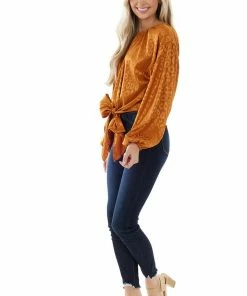 Flying Tomato Caramel Leopard Long Sleeve Top With Front Tie Tops