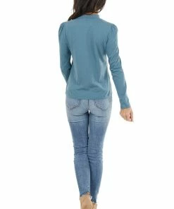 Lime 'N' Chili Teal Mock Neck Top With Long Sleeves And Puffy Shoulders 33 Lime 'N' Chili Teal Mock Neck Top With Long Sleeves And Puffy Shoulders