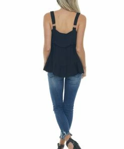 Entro Black Woven Tank Top With Ruffle Details Tops
