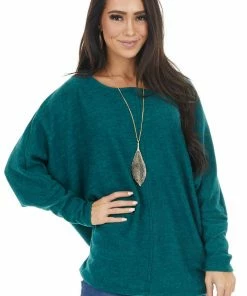 First Love Forest Green Long Dolman Sleeve Top With Raw Edge Detail Tops