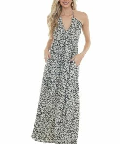 Entro Black Ditsy Floral Halter Tie Maxi Dress