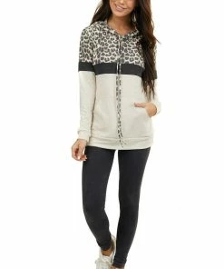 7th Ray Tops Tan Leopard Colorblock Hooded Sweatshirt With Front Pocket