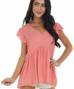 Staccato Coral Swiss Dot Babydoll V Neck Blouse Tops 26 Staccato Coral Swiss Dot Babydoll V Neck Blouse Tops