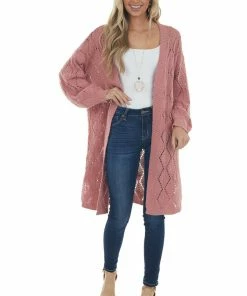 Davi & Dani Punch Pointelle Knit Bubble Sleeve Cardigan Cardigans