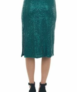 Vine & Love Bottoms Forest Green Sequin Midi Skirt With Side Slit