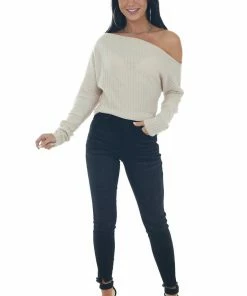 Peach Love Cream Off Shoulder Glitter Ribbed Knit Top Tops