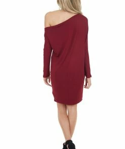 Cherish Wine Off The Shoulder Long Sleeve Semi Fitted Short Dress Dresses