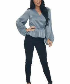 Peach Love Steel Metallic Drop Waist Surplice Peplum Top 33 Peach Love Steel Metallic Drop Waist Surplice Peplum Top