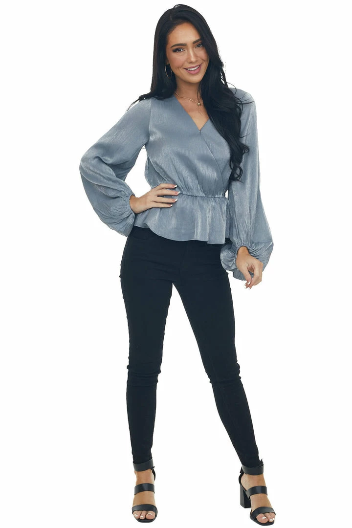 Peach Love Steel Metallic Drop Waist Surplice Peplum Top 16 Peach Love Steel Metallic Drop Waist Surplice Peplum Top