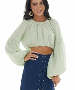 Emory Park Dusty Sage Long Bubble Sleeve Woven Crop Top Tops