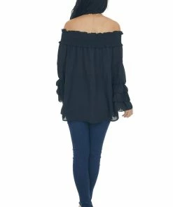 Vine & Love Black Off Shoulder Tiered Bell Sleeve Blouse Tops