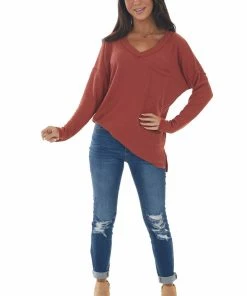 Reborn J Tops Rust V Neck Waffle Knit Top With Chest Pocket
