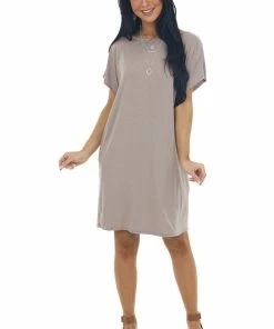 Vanilla Bay Mocha Knit Mini Tee Shirt Dress With Pockets