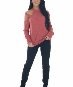 143 Story Crimson Cold Shoulder Mock Neck Knit Top Tops