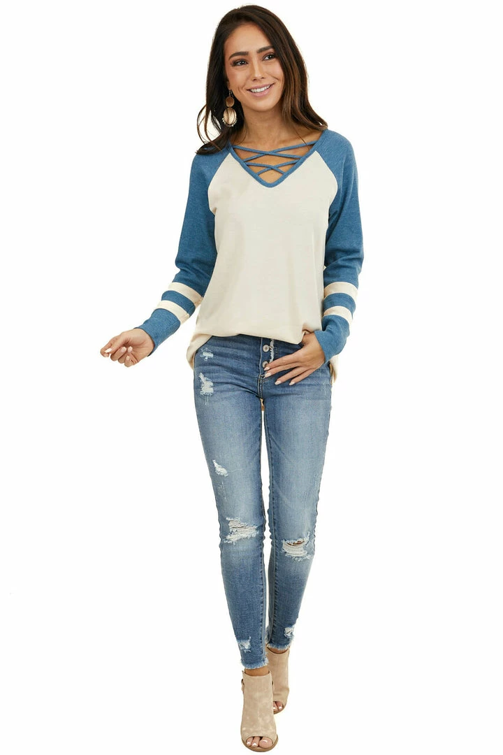 7th Ray Tops Cream Top With Ocean Waffle Knit Contrast Sleeves 16 7th Ray Tops Cream Top With Ocean Waffle Knit Contrast Sleeves