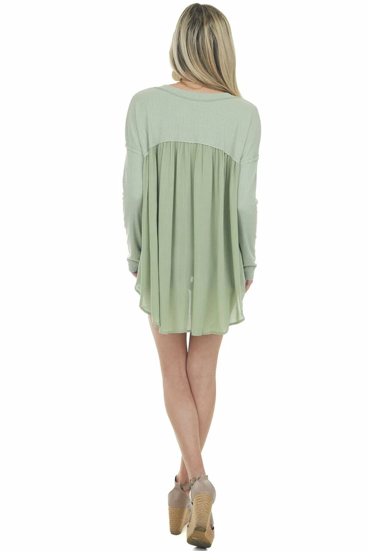 Entro Pistachio Long Sleeve High Low Knit Top With Woven Contrast 19 Entro Pistachio Long Sleeve High Low Knit Top With Woven Contrast