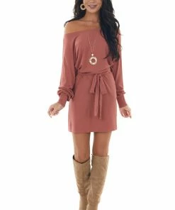 She + Sky Terracotta Long Dolman Sleeve Boat Neck Dress