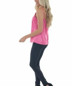 Vine & Love Tops Mulberry Leopard Print Frayed Lace Neckline Camisole Blouse