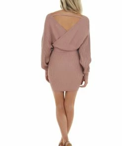 Style Melody Dresses Dusty Rose Surplice Ribbed Knit Sweater Dress