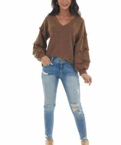 143 Story Tops Sepia Ribbed Knit Top With Ruffle Puff Sleeves