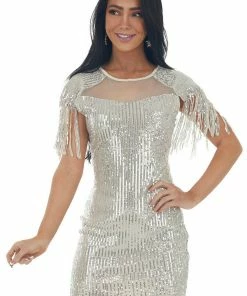 Shewin Champagne Sequin Fringe Sleeve Mesh Mini Dress 29 Shewin Champagne Sequin Fringe Sleeve Mesh Mini Dress