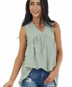 Lime 'N' Chili Sage Babydoll Plaid Textured Sleeveless Top Tops