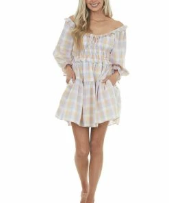 Entro Peach And Lavender Gingham Tiered Short Dress