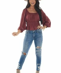 She + Sky Marsala Open Back Smocked Peplum Silky Blouse