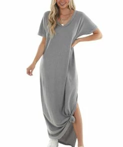 Peach Love Maxi Dresses Steel Short Sleeve V Neck Maxi Tee Shirt Dress 15 Peach Love Maxi Dresses Steel Short Sleeve V Neck Maxi Tee Shirt Dress