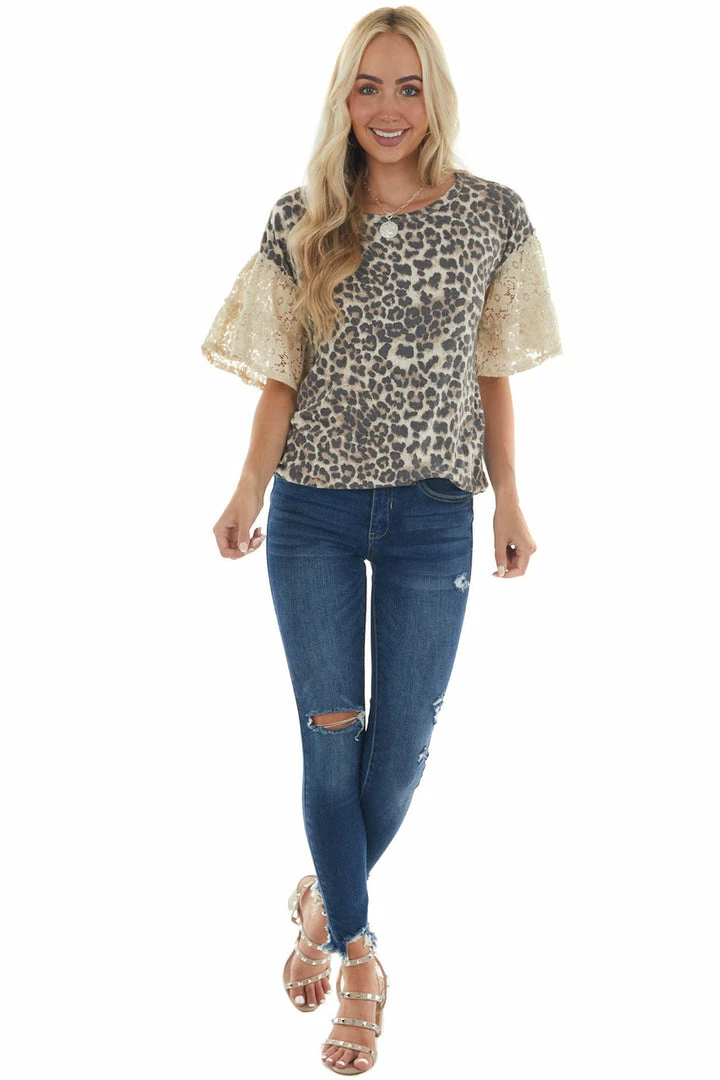 BiBi Latte Leopard Print Top With Short Floral Lace Bell Sleeves 18 BiBi Latte Leopard Print Top With Short Floral Lace Bell Sleeves