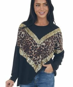 FSL APPAREL Black And Leopard Print Chevron Top With Gold Sequin Details