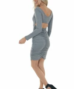 Heart & Hips Stone Open Back Ruched Bodycon Knit Dress