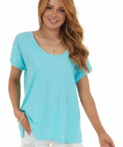 BiBi Tops Aqua Knit Top With Twisted Neck And Cuff 23 BiBi Tops Aqua Knit Top With Twisted Neck And Cuff