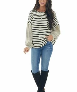 Hayden Tops Beige And Black Striped Bubble Sleeve Knit Top 15 Hayden Tops Beige And Black Striped Bubble Sleeve Knit Top