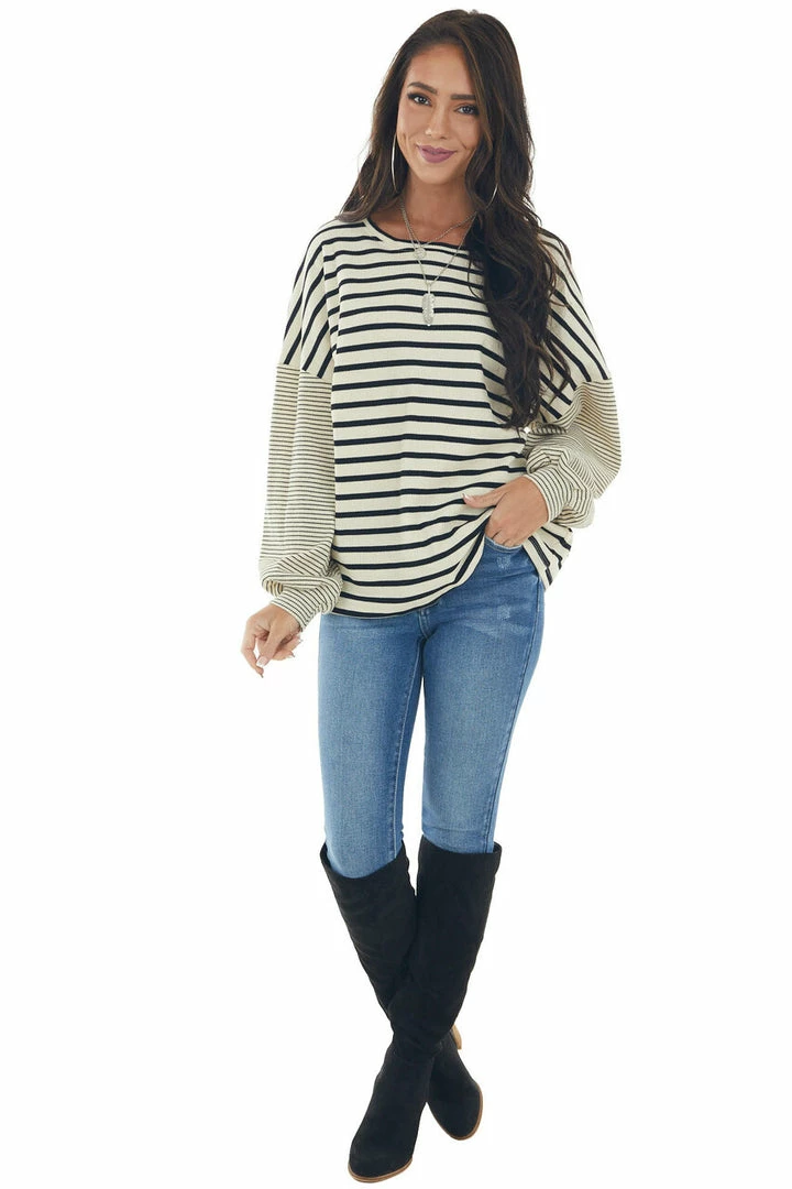 Hayden Tops Beige And Black Striped Bubble Sleeve Knit Top 8 Hayden Tops Beige And Black Striped Bubble Sleeve Knit Top