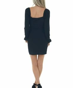 LE LIS Black Puff Sleeve Surplice Neck Bodycon Dress Dresses 28 LE LIS Black Puff Sleeve Surplice Neck Bodycon Dress Dresses