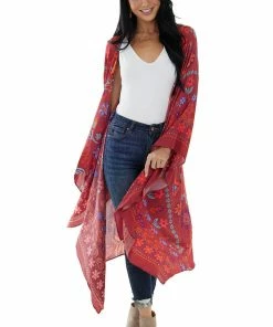 Easel Tops Marsala And Fire Colorful Floral Print Kimono
