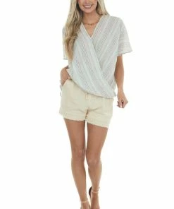 Lime 'N' Chili Tops Off White Multicolor Striped Surplice Top With Short Sleeves